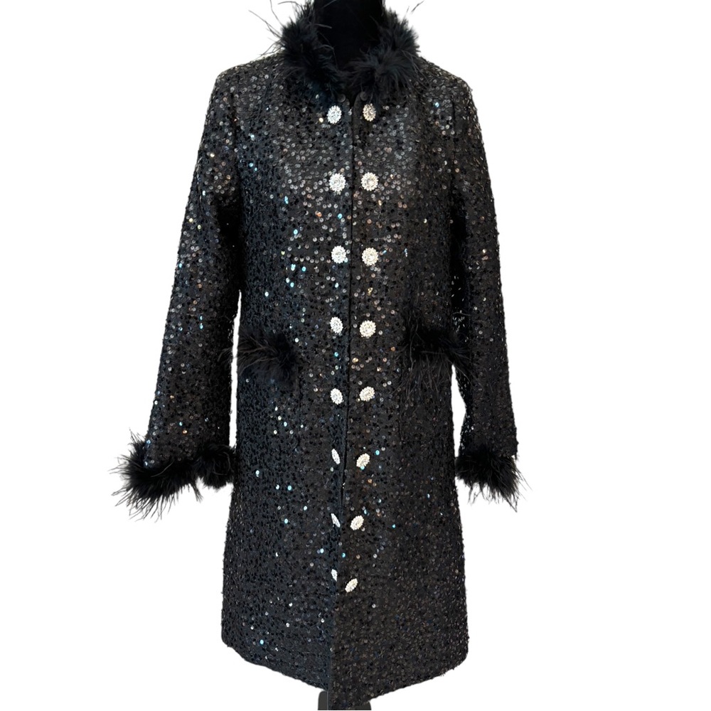 Black Sequin Faux Fur Long Jacket - Picture 3 of 10
